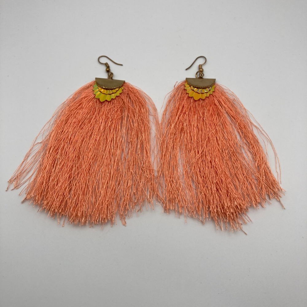 Peach Coral Long‎ Fringe Tassel Statement Earrings Boho Sequin Gold Tone 5 Inch